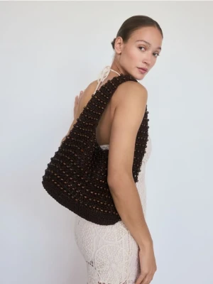 Reserved - Pleciona torebka z koralikami - ciemnobrązowy