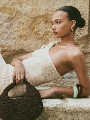 Reserved - Pleciona torebka z koralikami - ciemnobrązowy