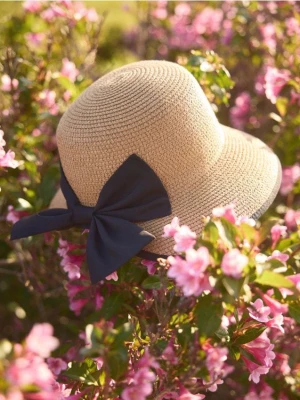 Reserved - Pleciony kapelusz z kokardką - beżowy