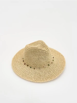 Reserved - Pleciony kapelusz z koralikami - kremowy