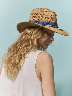 Reserved - Pleciony kapelusz z koralikami - kremowy