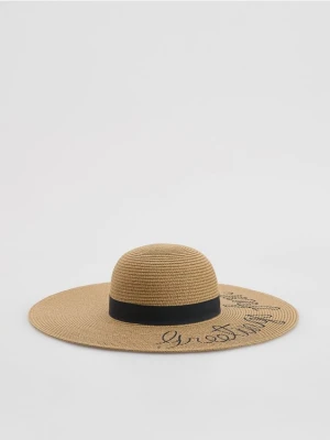 Reserved - Pleciony kapelusz z napisami - kremowy