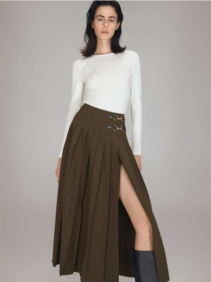 Reserved - Plisowana spódnica midi - oliwkowy