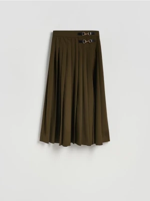 Reserved - Plisowana spódnica midi - oliwkowy