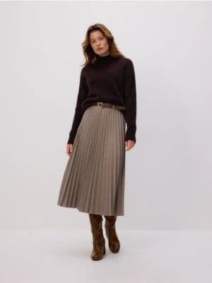 Reserved - Plisowana spódnica midi z paskiem - beżowy