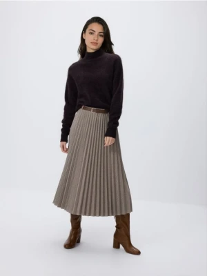 Reserved - Plisowana spódnica midi z paskiem - beżowy