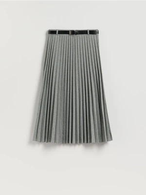 Reserved - Plisowana spódnica midi z paskiem - jasnoszary