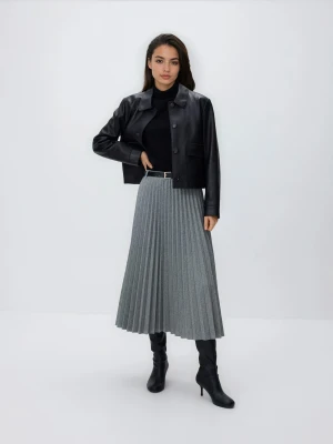 Reserved - Plisowana spódnica midi z paskiem - jasnoszary