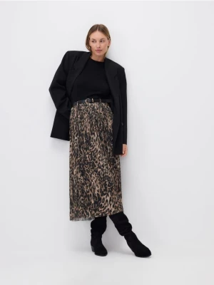 Reserved - Plisowana spódnica z paskiem - ciemnobrązowy