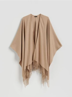Reserved - Poncho z frędzlami - kremowy