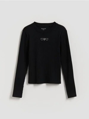 Reserved - Prążkowana bluzka z aplikacją - czarny