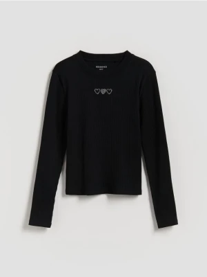 Reserved - Prążkowana bluzka z aplikacją - czarny