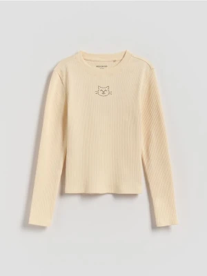 Reserved - Prążkowana bluzka z aplikacją - kremowy