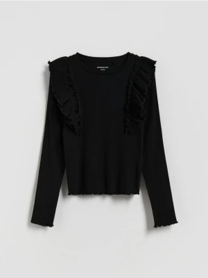 Reserved - Prążkowana bluzka z falbanką - czarny