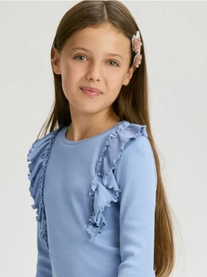 Reserved - Prążkowana bluzka z falbanką - jasnoniebieski