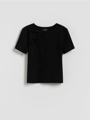 Reserved - Prążkowana bluzka z kokardkami - czarny