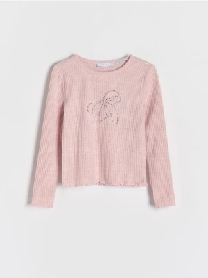 Reserved - Prążkowana koszulka z aplikacją - brudny róż