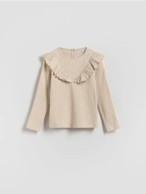Reserved - Prążkowana koszulka z falbaną - beżowy