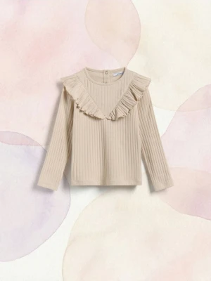 Reserved - Prążkowana koszulka z falbaną - beżowy