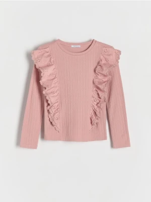 Reserved - Prążkowana koszulka z falbaną - pastelowy róż