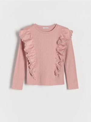 Reserved - Prążkowana koszulka z falbaną - pastelowy róż