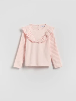 Reserved - Prążkowana koszulka z falbaną - pastelowy róż