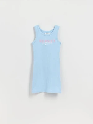 Reserved - Prążkowana sukienka z haftem - jasnoniebieski