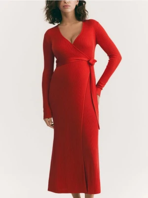 Reserved - Prążkowana sukienka z wiązaniem - czerwony