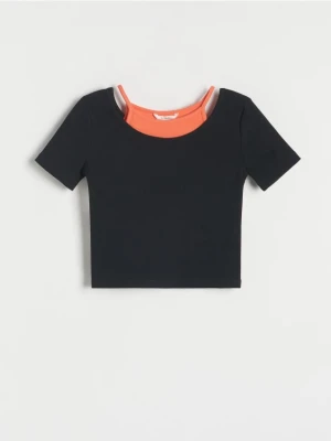 Reserved - Prążkowany t-shirt - czarny