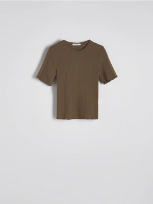 Reserved - Prążkowany t-shirt z dodatkiem wiskozy - oliwkowy