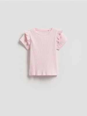 Zdjęcie produktu Reserved - Prążkowany t-shirt z falbankami - pastelowy róż