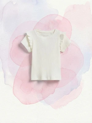 Reserved - Prążkowany t-shirt z falbankami - złamana biel