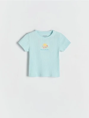 Reserved - Prążkowany t-shirt z haftem - jasnoniebieski