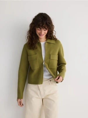 Reserved - Rozpinany kardigan z kołnierzem - zielony