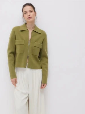 Reserved - Rozpinany kardigan z kołnierzem - zielony