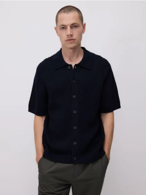 Reserved - Rozpinany sweter z kołnierzem - granatowy