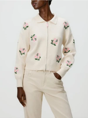 Reserved - Rozpinany sweter z kołnierzykiem - kremowy