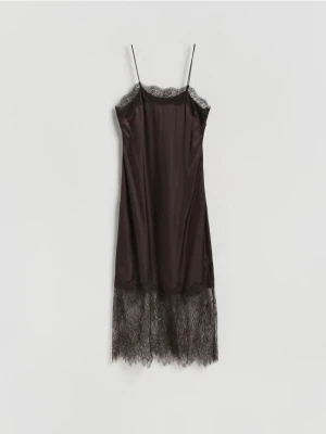 Reserved - Satynowa sukienka z koronką - ciemnobrązowy