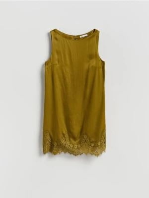 Reserved - Satynowa sukienka z koronką - oliwkowy
