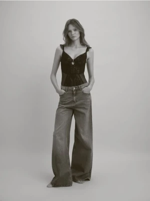 Reserved - Siateczkowe body z haftem - czarny