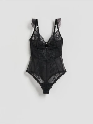 Reserved - Siateczkowe body z haftem - czarny