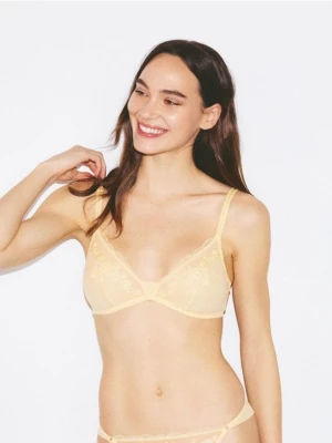 Reserved - Siateczkowy biustonosz z haftem - jasnożółty