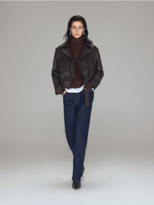 Reserved - Skórzana kurtka typu biker - ciemnobrązowy