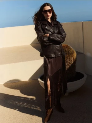 Reserved - Skórzana kurtka typu biker - ciemnobrązowy