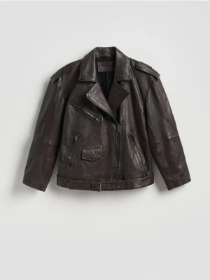 Reserved - Skórzana kurtka typu biker - ciemnobrązowy