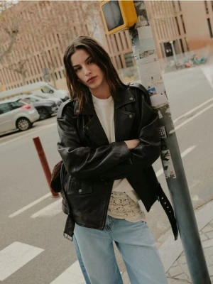 Reserved - Skórzana kurtka typu biker - ciemnobrązowy