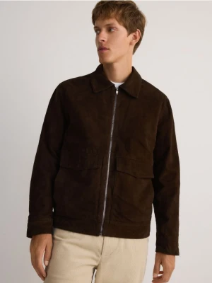 Reserved - Skórzana kurtka z kołnierzem - ciemnobrązowy