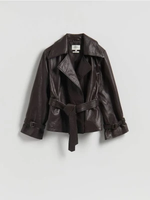 Reserved - Skórzana kurtka z kołnierzem - ciemnobrązowy