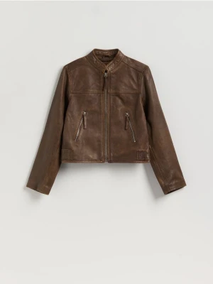 Reserved - Skórzana kurtka ze stójką - brązowy