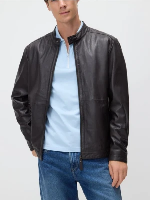 Reserved - Skórzana kurtka ze stójką - ciemnobrązowy